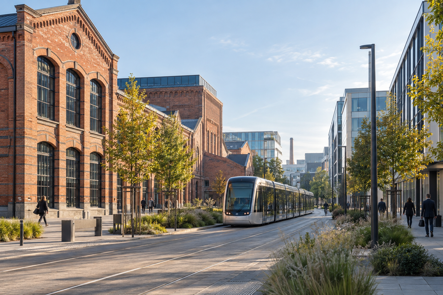 Quartier d'affaires mulhousien, briques industrielles et tram